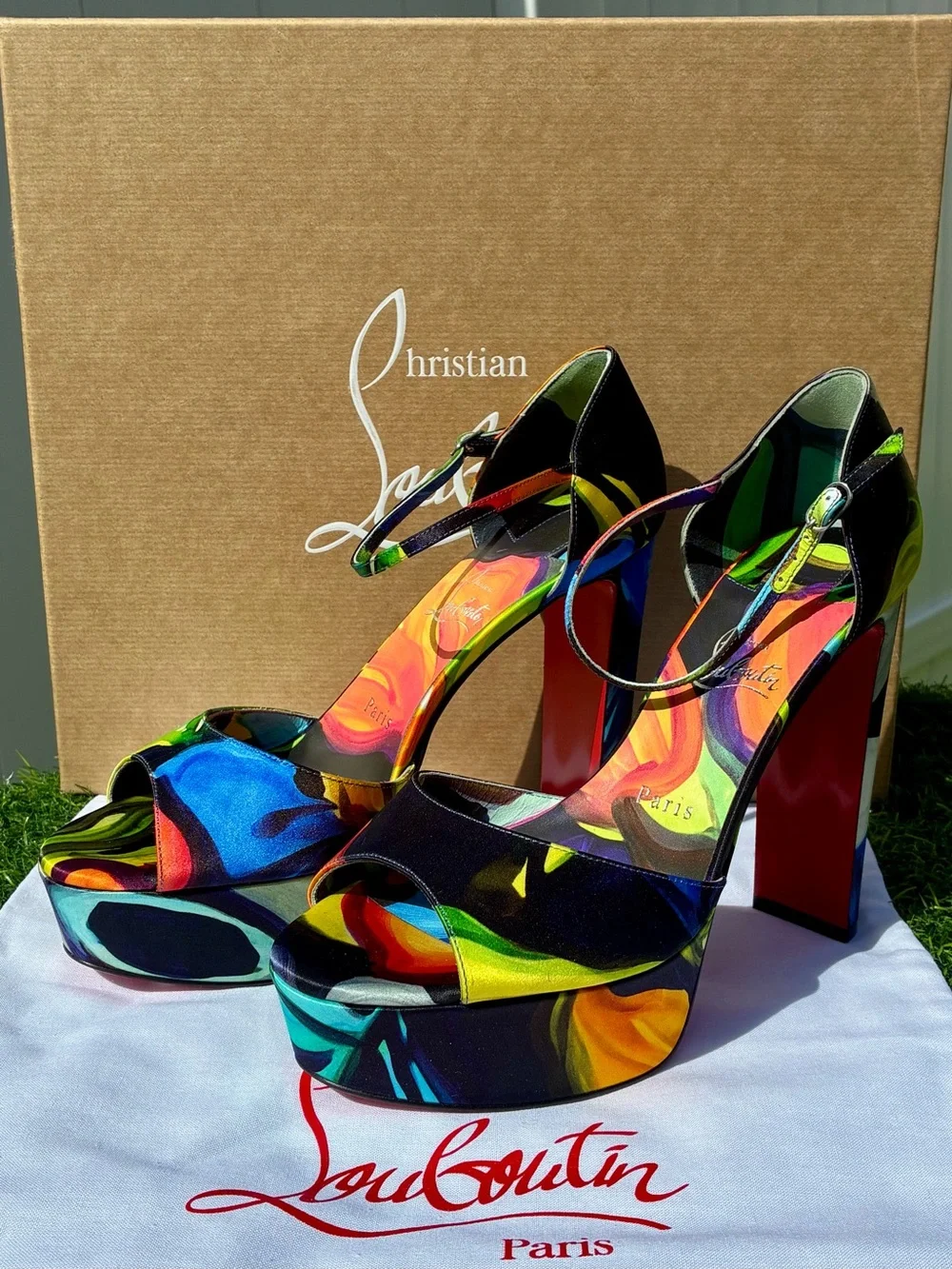CHRISTIAN LOUBOUTIN SANDALOO BLACK MULTICOLOR SATIN LEATHER PLATFORM SANDAL SZ39